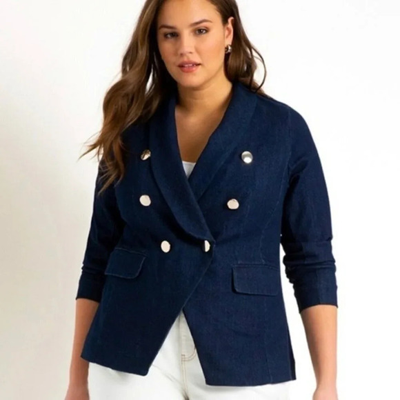 Eloquii Denim Double Breasted Blazer Jacket Women 14 Blue Stretch Long Sleeves - Picture 1 of 10